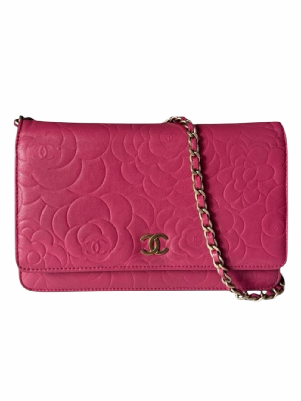 Chanel Camellia Embossed WOC Wallet on Chain Pink Lambskin Gold Hardware